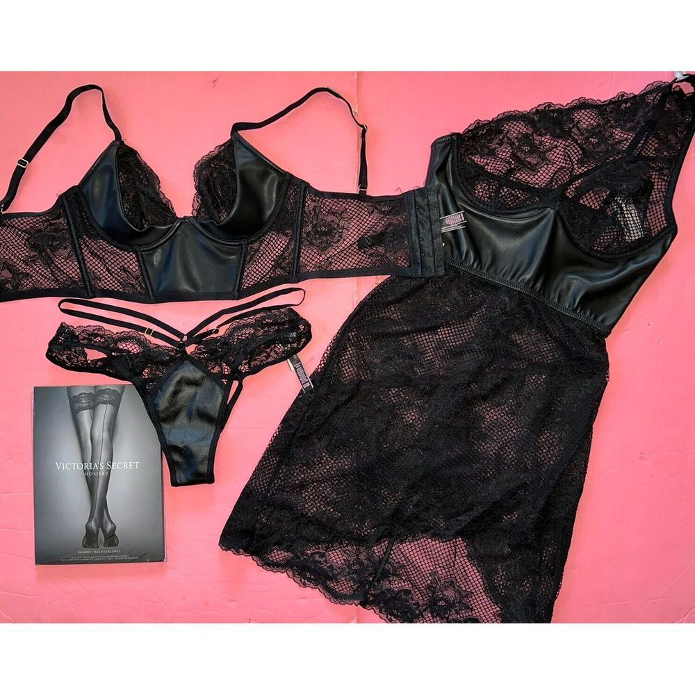 Victoria's Secret 34B,34D CORSET BRA SET+DRESS BLACK faux LEATHER fishnet LACE
